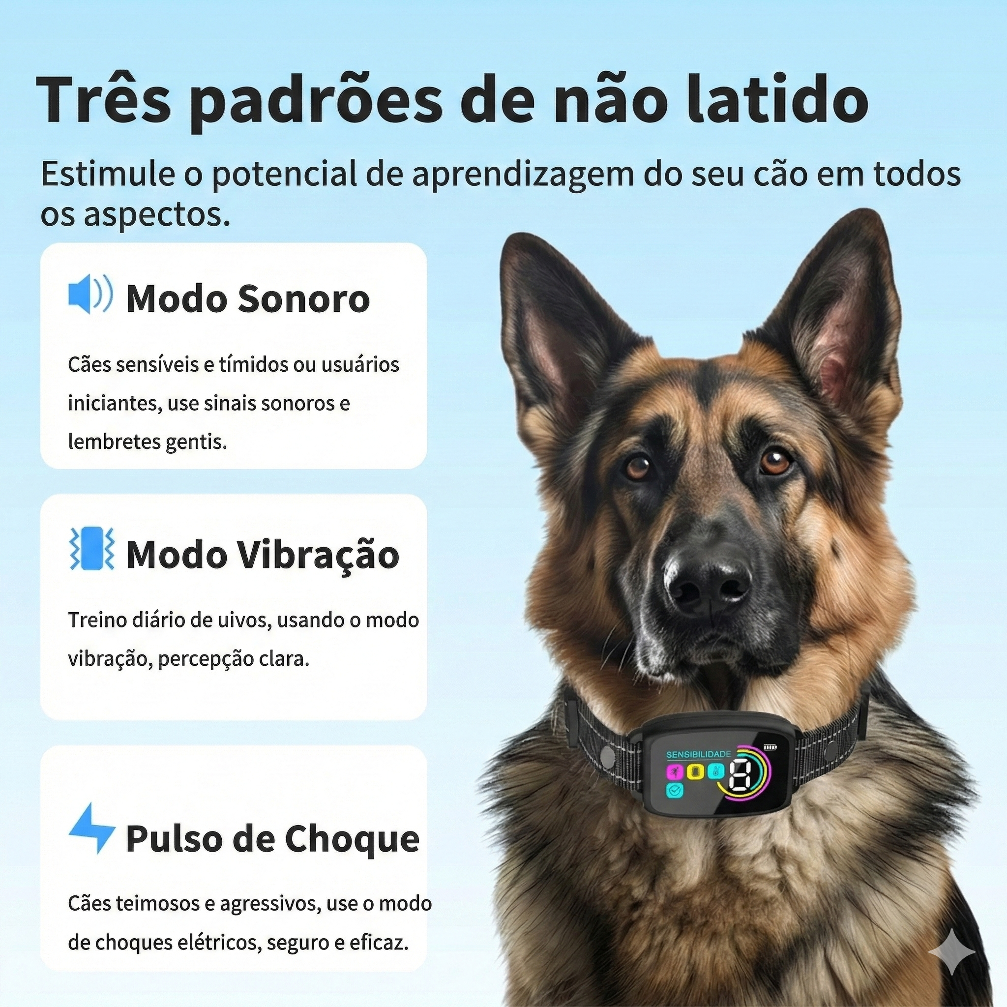 Coleira Anti-Latido Automática Inteligente para Cachorro - Modos Vibração, Beep e Choque Ajustável