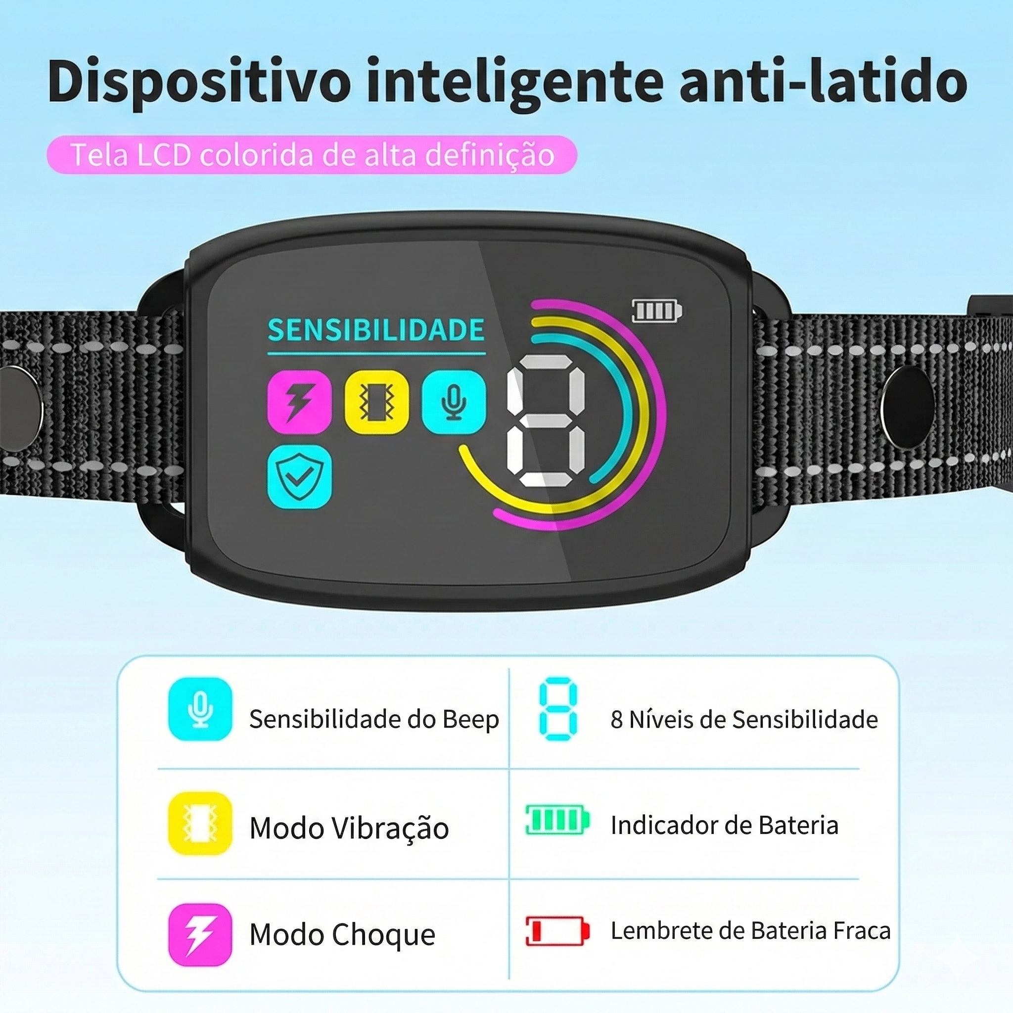 Coleira Anti-Latido Automática Inteligente para Cachorro - Modos Vibração, Beep e Choque Ajustável