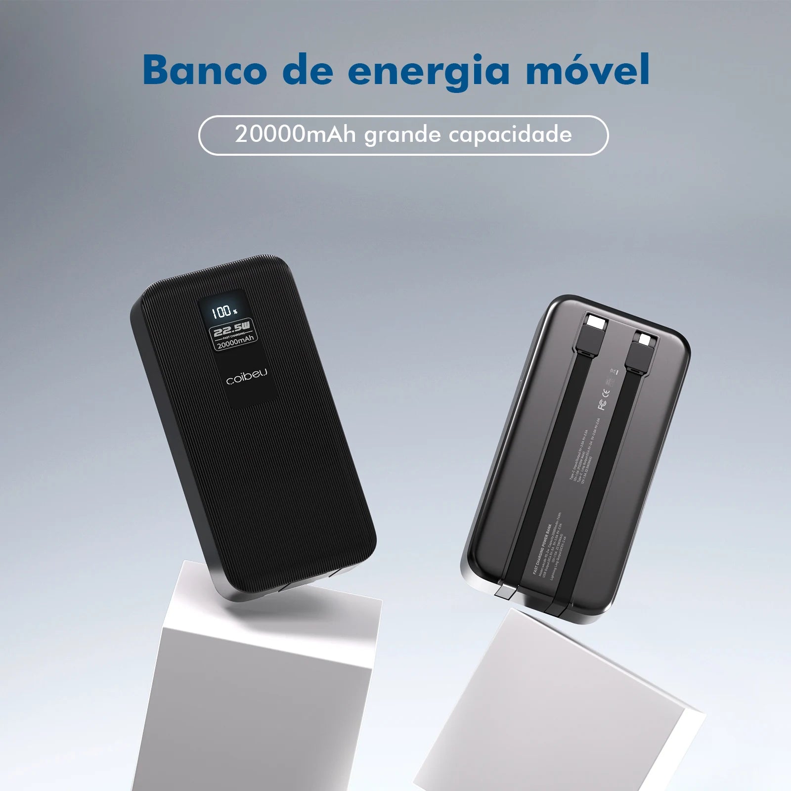 Carregador Portátil Power Bank 20000mAh, Baterias Recarregáveis, Powerbank Portátil, TYPE-C, USB, Preto, Do Brasil
