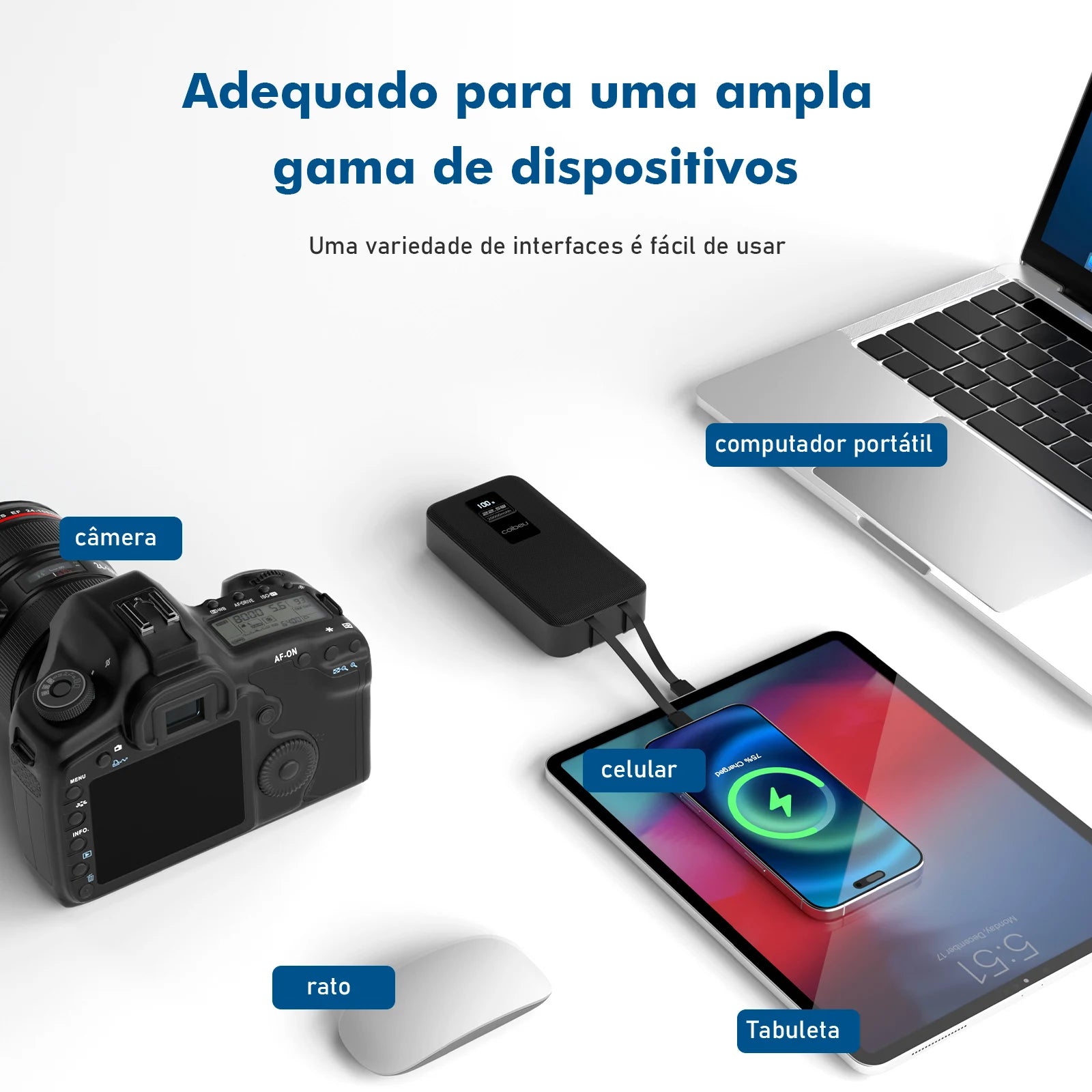 Carregador Portátil Power Bank 20000mAh, Baterias Recarregáveis, Powerbank Portátil, TYPE-C, USB, Preto, Do Brasil