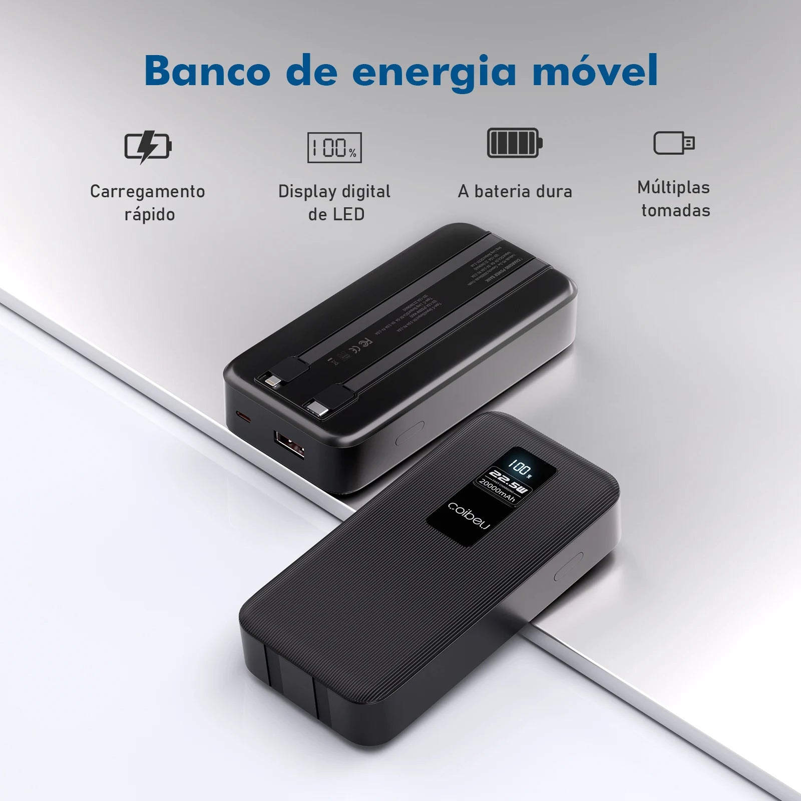 Carregador Portátil Power Bank 20000mAh, Baterias Recarregáveis, Powerbank Portátil, TYPE-C, USB, Preto, Do Brasil